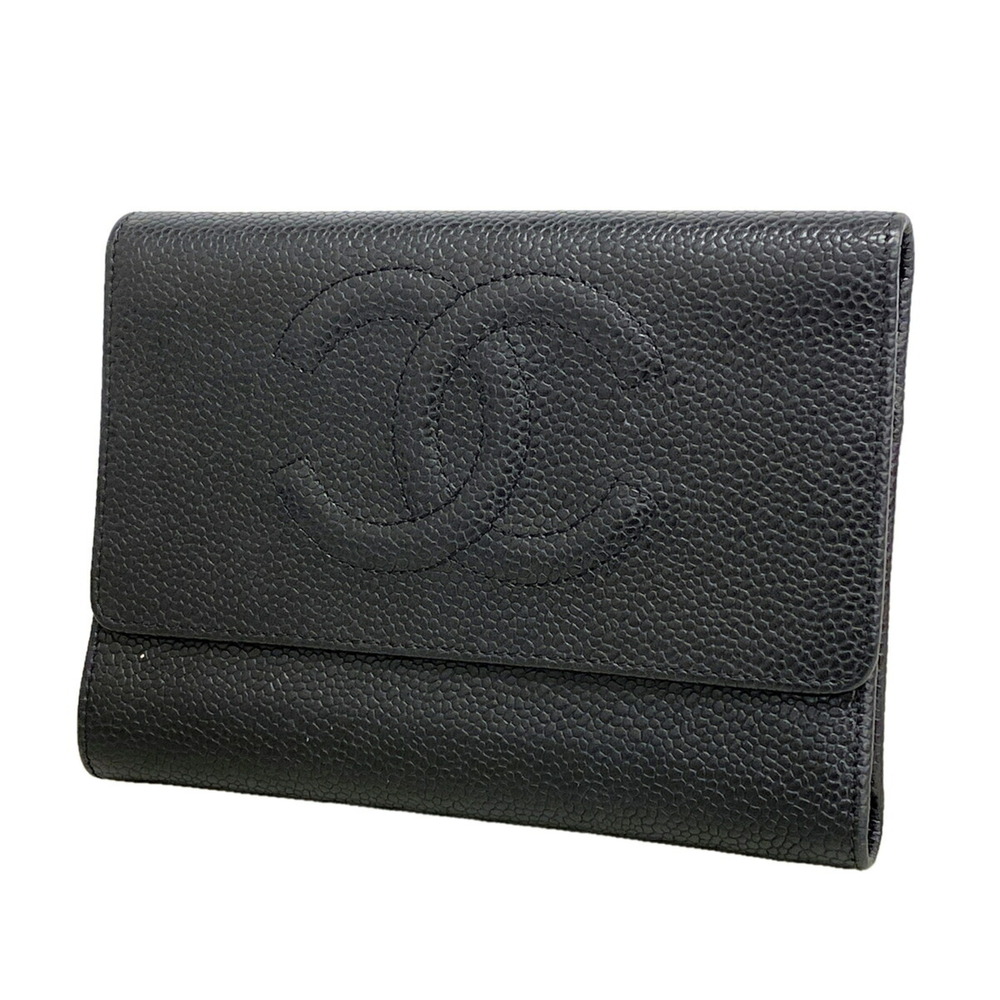 Chanel Tri-fold Wallet, Caviar Leather, Black & Champagne, Women's